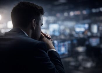 Trader en primer plano con fondo bursátil desenfocado y tenso.
