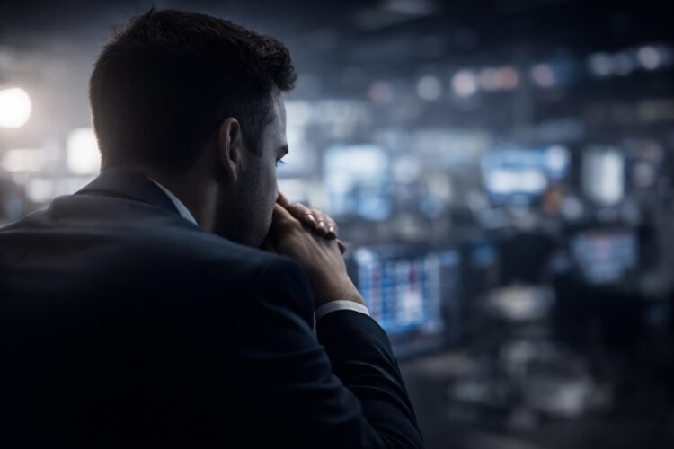 Trader en primer plano con fondo bursátil desenfocado y tenso.