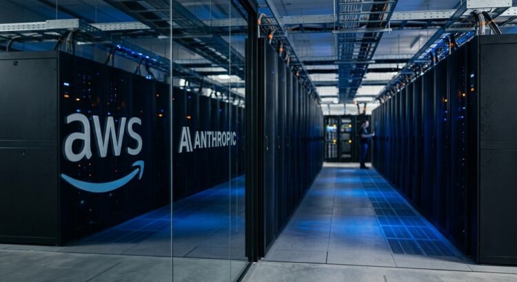 Pasillo de centro de datos moderno con logotipos de AWS y Anthropic en paneles de vidrio.