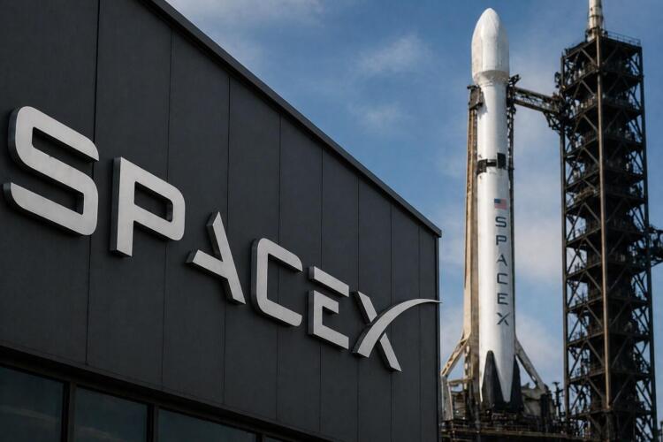 Logo de SpaceX con cohete en plataforma de lanzamiento.