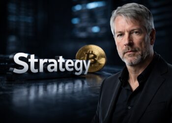 Michael Saylor junto a Strategy y Bitcoin en entorno financiero.
