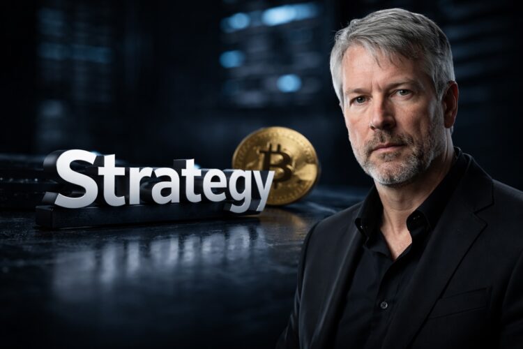 Michael Saylor junto a Strategy y Bitcoin en entorno financiero.