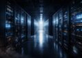 Centro de datos con servidores y luces frías en pasillo profundo.