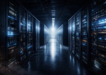 Centro de datos con servidores y luces frías en pasillo profundo.