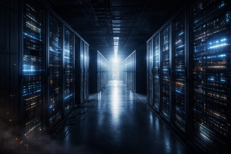 Centro de datos con servidores y luces frías en pasillo profundo.