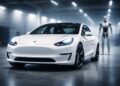 Tesla en primer plano con robot humanoide desenfocado detrás.