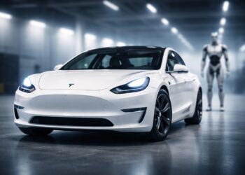 Tesla en primer plano con robot humanoide desenfocado detrás.