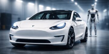 Tesla en primer plano con robot humanoide desenfocado detrás.