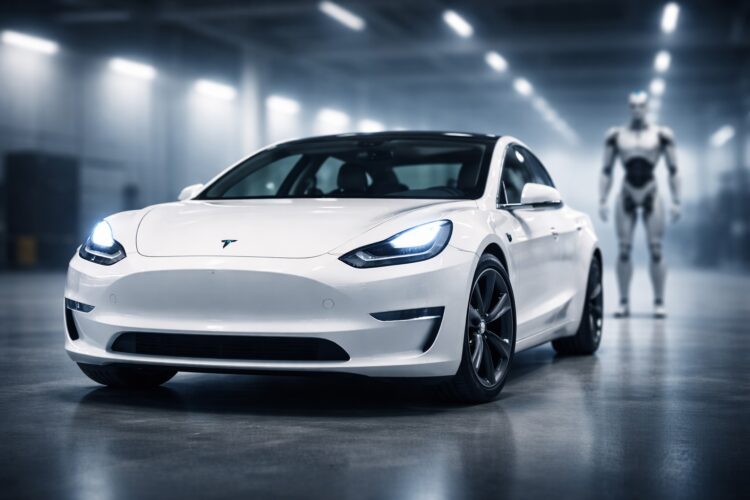 Tesla en primer plano con robot humanoide desenfocado detrás.