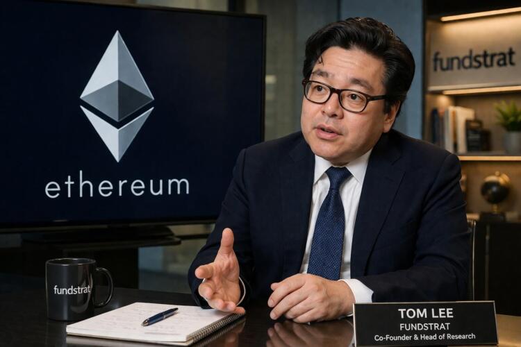 Tom Lee en oficina con Ethereum en pantalla como foco de inversión.