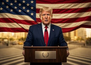 Donald Trump de traje y corbata roja en un podio de madera con una bandera de EE. UU. detrás.