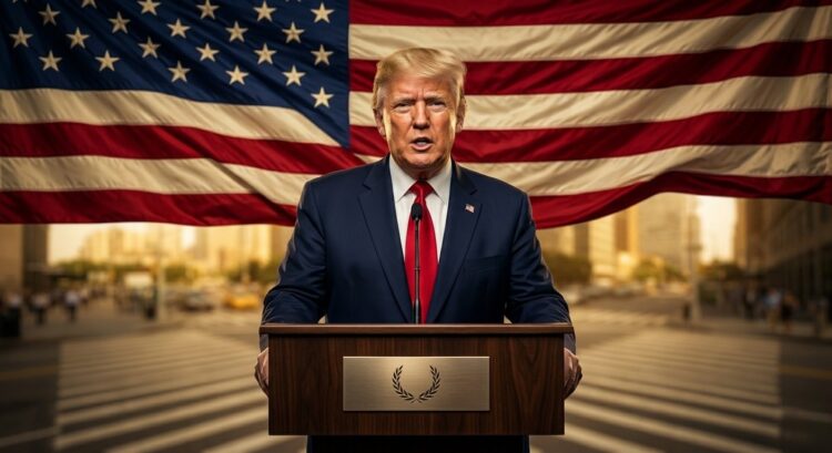 Donald Trump de traje y corbata roja en un podio de madera con una bandera de EE. UU. detrás.