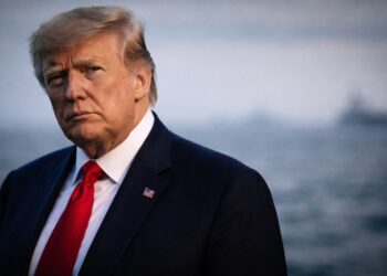 Primer plano horizontal de Donald Trump con expresión tensa y fondo marítimo desenfocado.