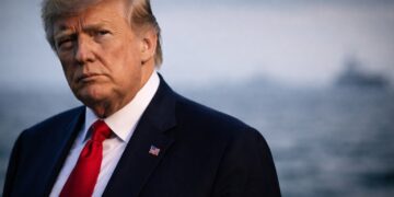 Primer plano horizontal de Donald Trump con expresión tensa y fondo marítimo desenfocado.