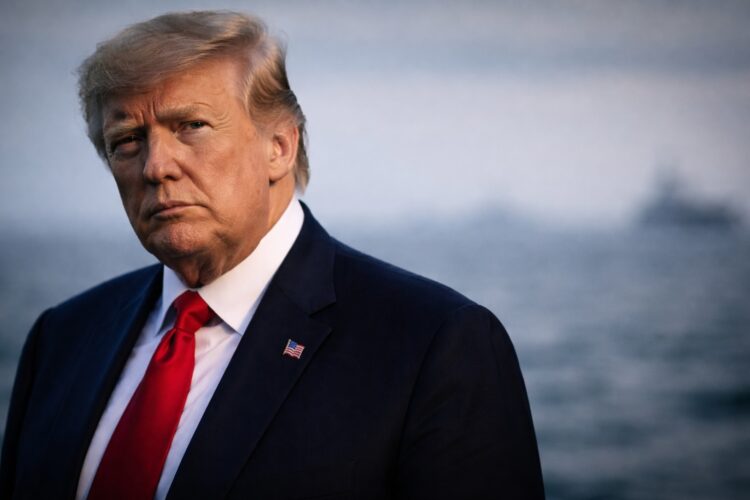 Primer plano horizontal de Donald Trump con expresión tensa y fondo marítimo desenfocado.