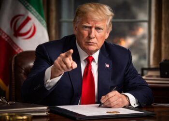 Trump señala documento con Irán al fondo en escena de tensión.