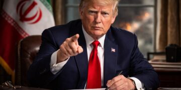 Trump señala documento con Irán al fondo en escena de tensión.