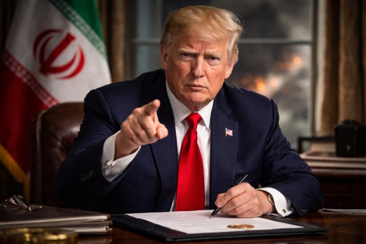 Trump señala documento con Irán al fondo en escena de tensión.