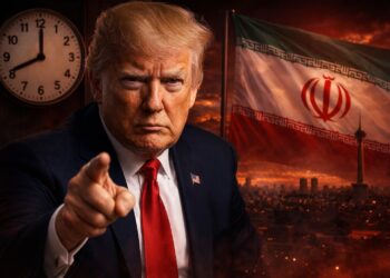 Trump señala con firmeza con Irán y reloj en fondo tenso.