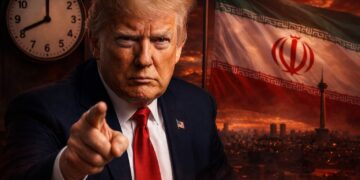 Trump señala con firmeza con Irán y reloj en fondo tenso.