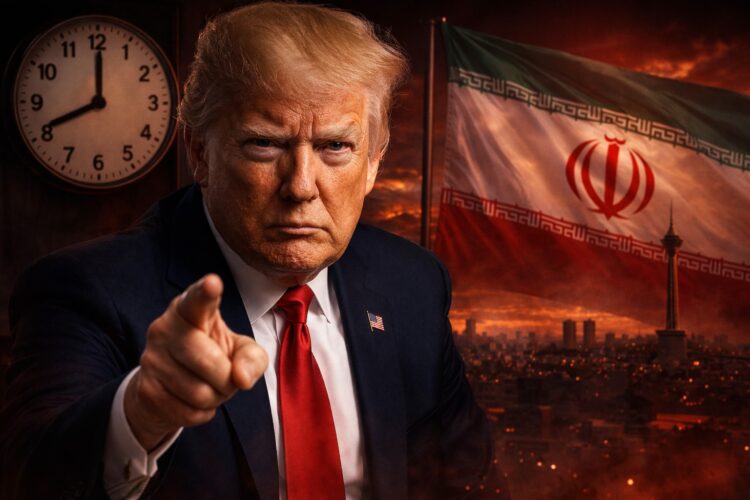 Trump señala con firmeza con Irán y reloj en fondo tenso.
