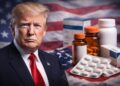 Donald Trump junto a medicamentos y productos farmacéuticos con bandera de EE. UU. al fondo.