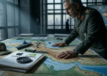 Un oficial militar con uniforme verde de pie junto a una mesa con un mapa de Oriente Medio, maquetas de barcos y un logotipo de Apple y NVIDIA.