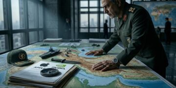 Un oficial militar con uniforme verde de pie junto a una mesa con un mapa de Oriente Medio, maquetas de barcos y un logotipo de Apple y NVIDIA.
