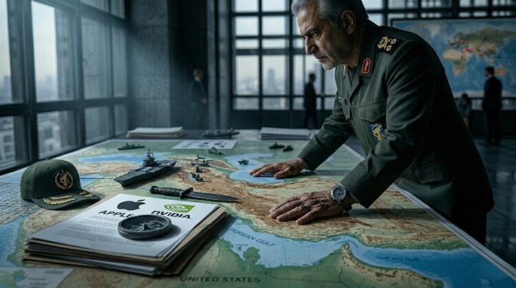 Un oficial militar con uniforme verde de pie junto a una mesa con un mapa de Oriente Medio, maquetas de barcos y un logotipo de Apple y NVIDIA.