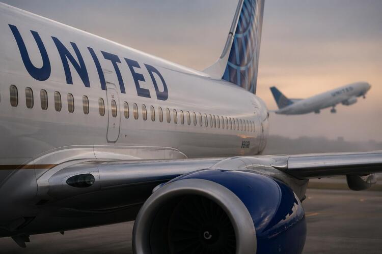 Avión de United en primer plano y otro despegando difuso.