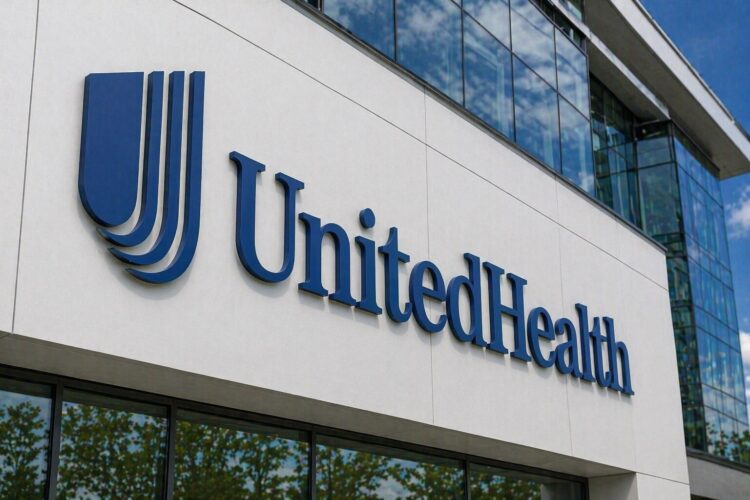 Fachada de UnitedHealth con logo corporativo grande y visible.
