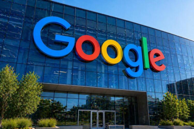 Fachada de Google con logo grande y visible en edificio corporativo