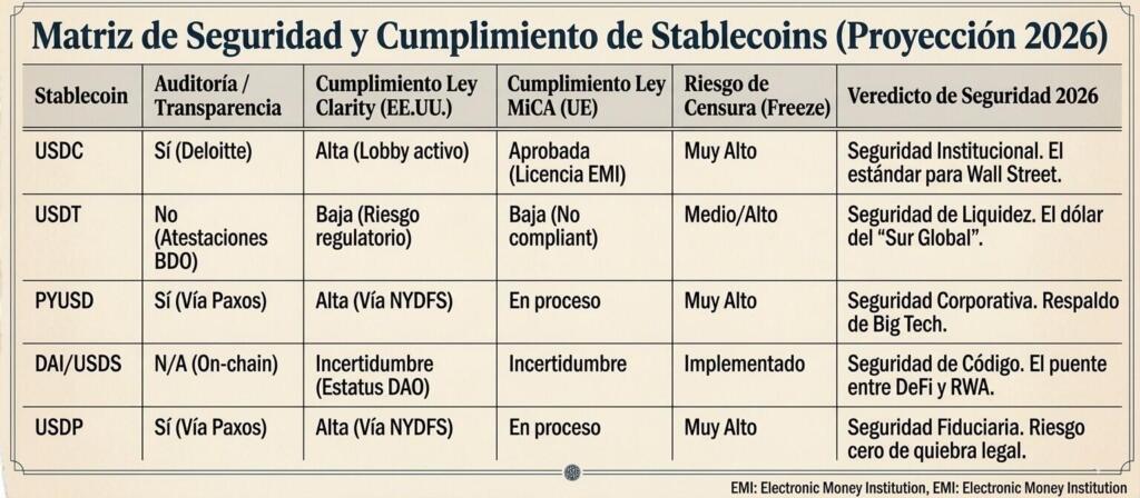 Matriz de seguridad y cumplimiento de stablecoins para 2026