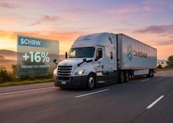 Camión de C.H. Robinson en carretera. Holograma con "$CHRW +16% PROJECTED GROWTH" al amanecer.