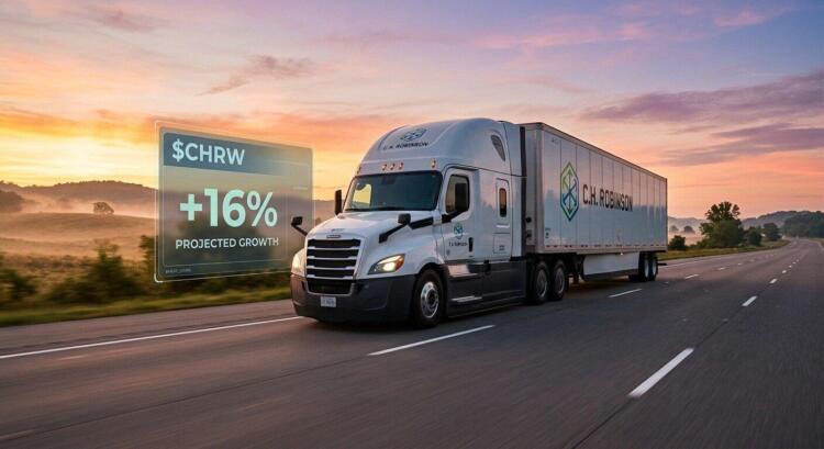 Camión de C.H. Robinson en carretera. Holograma con "$CHRW +16% PROJECTED GROWTH" al amanecer.