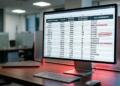 Monitor Dell en oficina mostrando datos de morosidad y una alerta roja: '+12% EN PRÉSTAMOS TARDÍOS'.