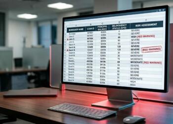 Monitor Dell en oficina mostrando datos de morosidad y una alerta roja: '+12% EN PRÉSTAMOS TARDÍOS'.