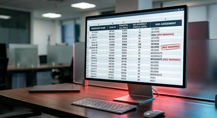 Monitor Dell en oficina mostrando datos de morosidad y una alerta roja: '+12% EN PRÉSTAMOS TARDÍOS'.