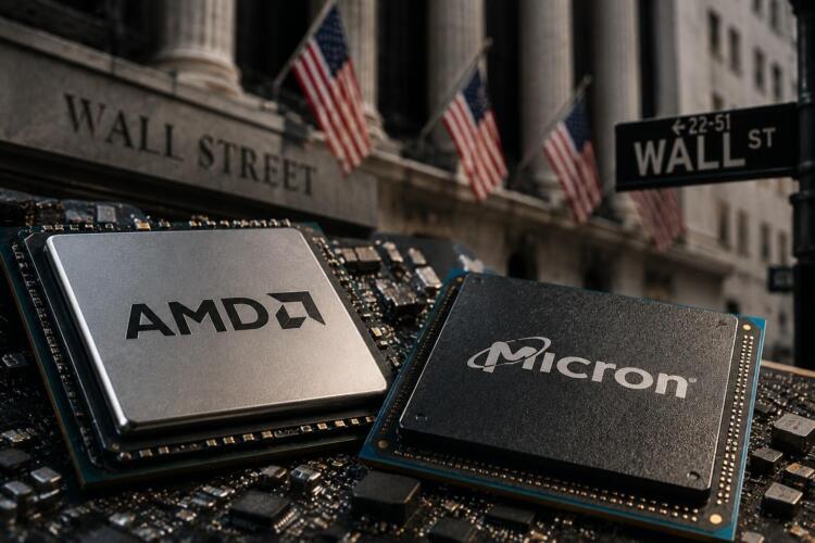 Chips de AMD y Micron frente a un entorno financiero de Wall Street.