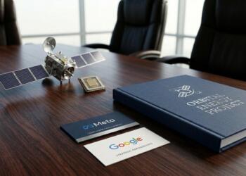 Representantes de Meta y Google se reúnen con un modelo de satélite y un microchip para discutir el Proyecto de Energía Orbital.