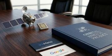 Representantes de Meta y Google se reúnen con un modelo de satélite y un microchip para discutir el Proyecto de Energía Orbital.