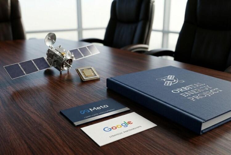 Representantes de Meta y Google se reúnen con un modelo de satélite y un microchip para discutir el Proyecto de Energía Orbital.