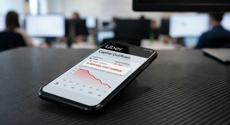 iPhone en escritorio muestra alerta financiera de Uber por sobrecostos en servicios IA.
