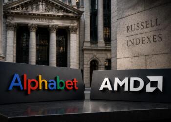 Logos de Alphabet y AMD frente a entorno bursátil institucional.
