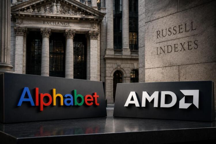 Logos de Alphabet y AMD frente a entorno bursátil institucional.