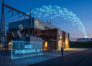 Subestación Ameren iluminada al anochecer con red digital conectada a centro de datos.