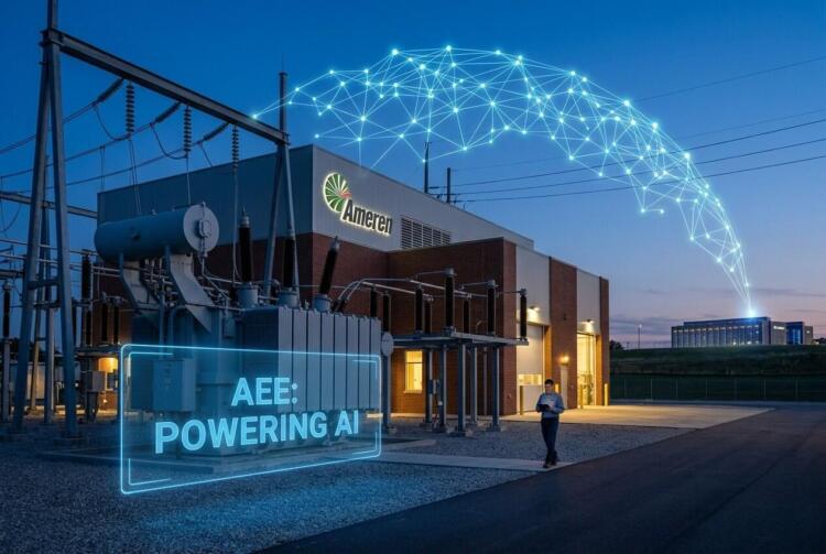 Subestación Ameren iluminada al anochecer con red digital conectada a centro de datos.