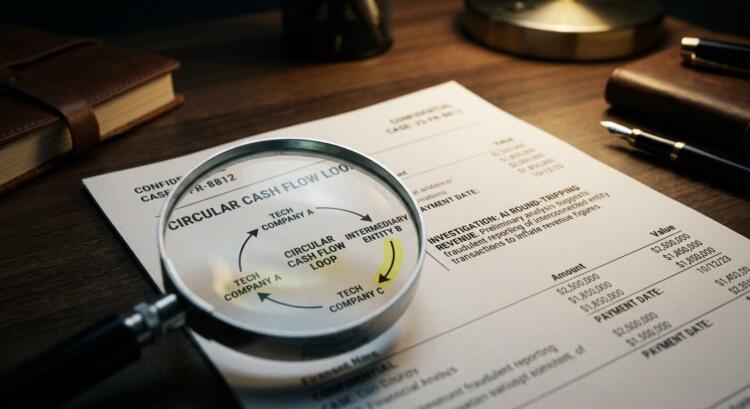 Lupa sobre documento de investigación mostrando flujo circular de efectivo entre empresas.