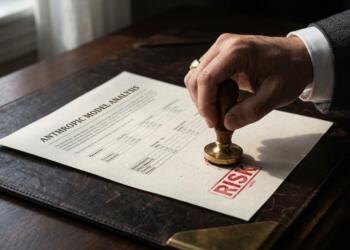 Mano de ejecutivo estampando "RISK" en documento de Análisis del Modelo Anthropic.