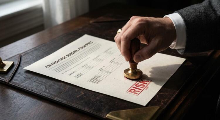 Mano de ejecutivo estampando "RISK" en documento de Análisis del Modelo Anthropic.